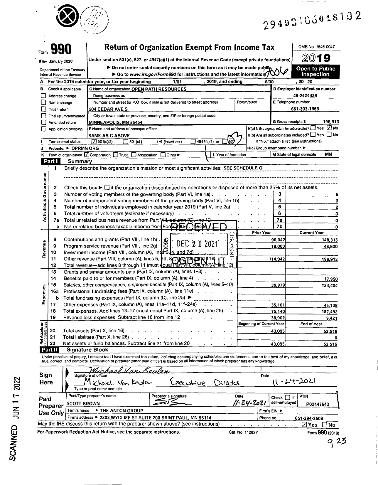 Image of first page of 2019 Form 990 for Open Path Resources