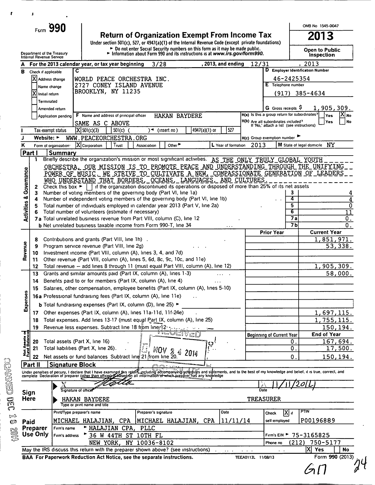 Image of first page of 2013 Form 990 for World Peace Orchestra (WPO)