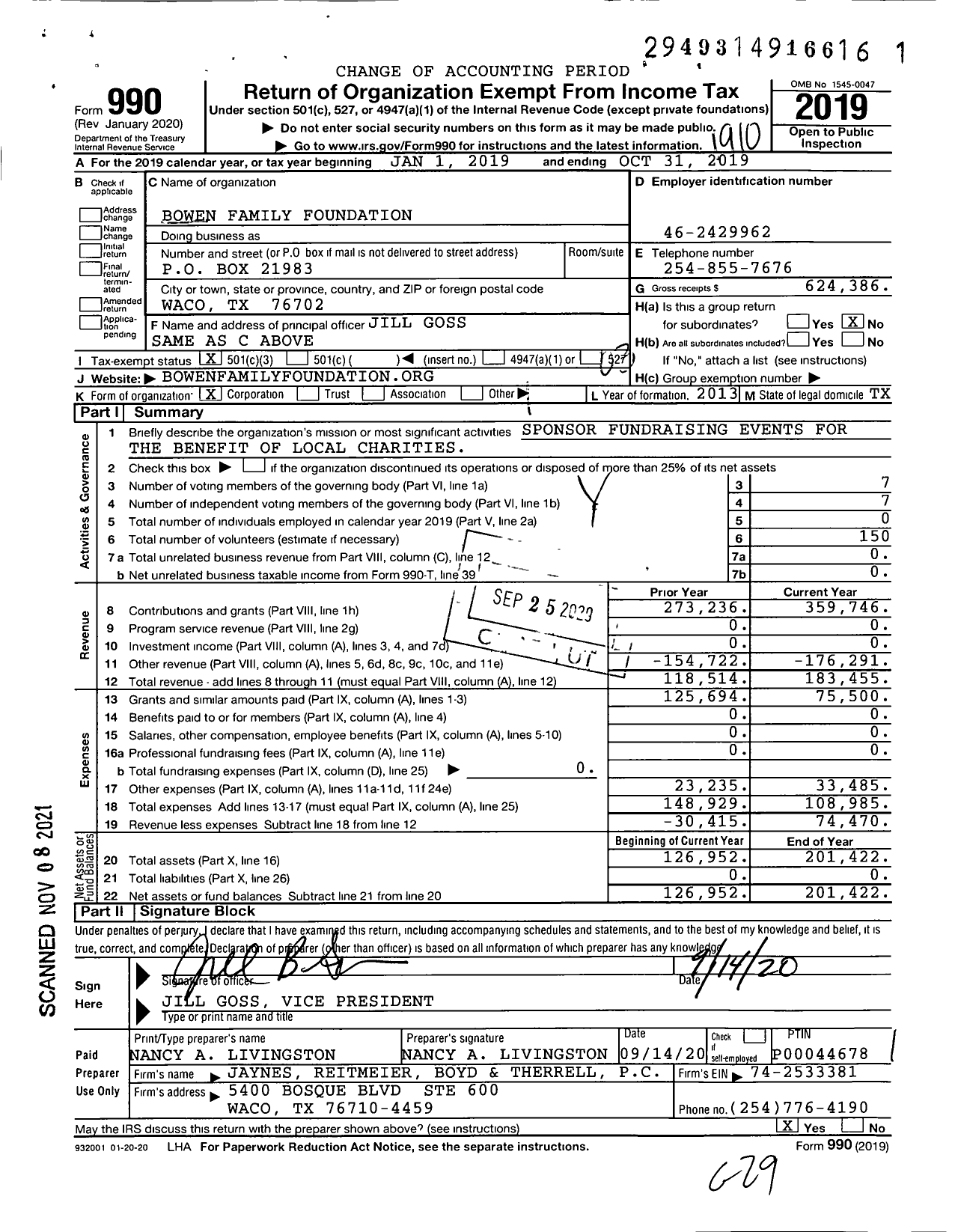 Image of first page of 2018 Form 990 for Bowen Family Foundation