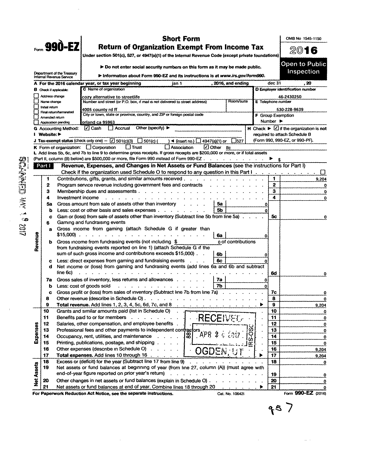 Image of first page of 2016 Form 990EZ for Cozy Alternative To Streetlife