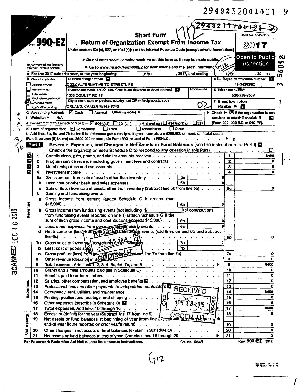 Image of first page of 2017 Form 990EZ for Cozy Alternative To Streetlife