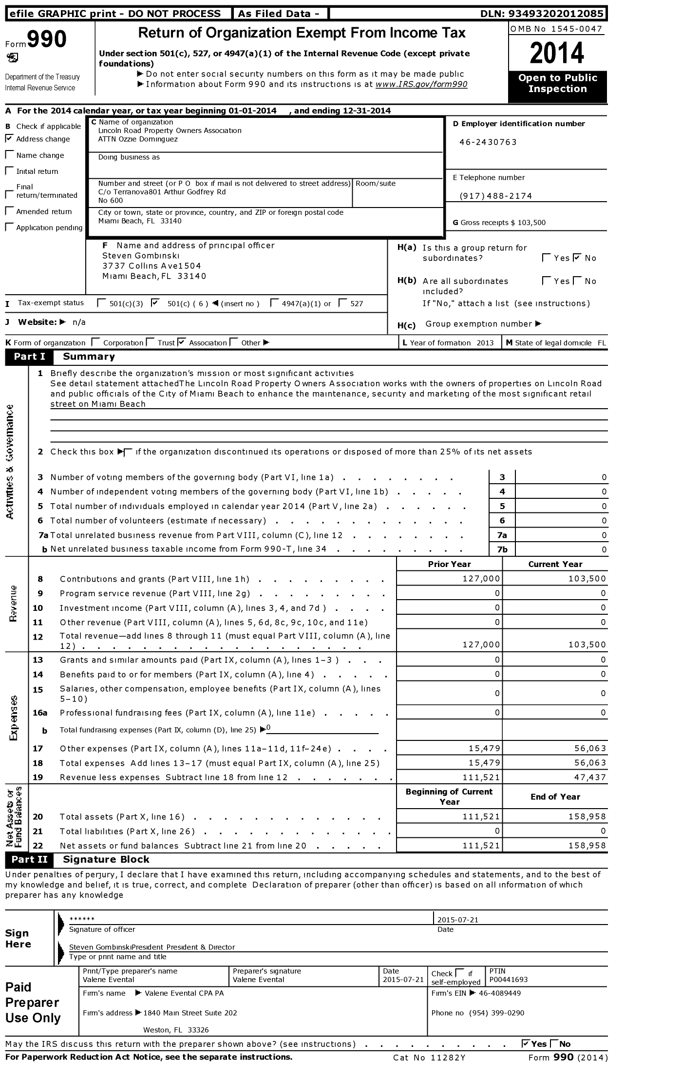 Image of first page of 2014 Form 990O for Lincoln Road Property Owners Association ATTN Steven Gombinski