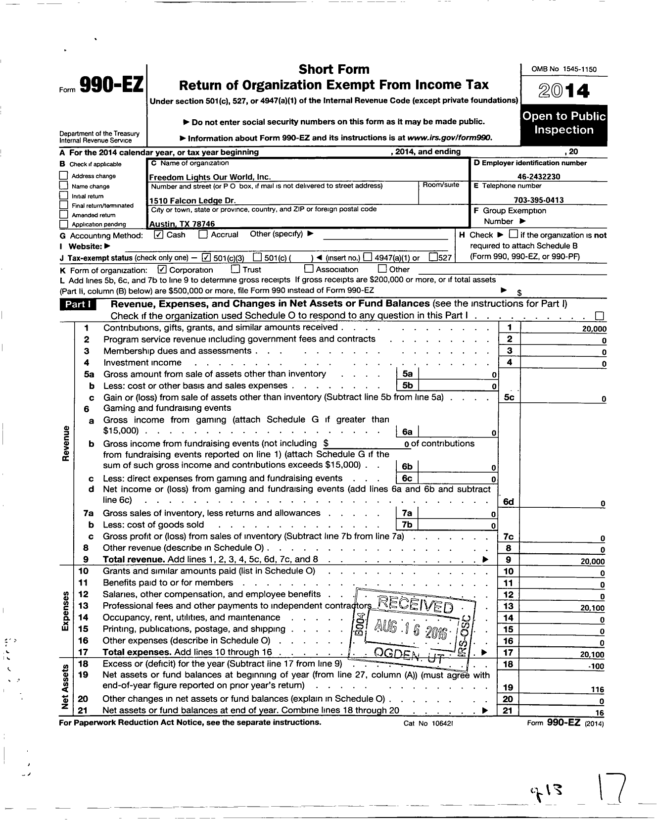 Image of first page of 2014 Form 990EZ for Freedom Lights Our World