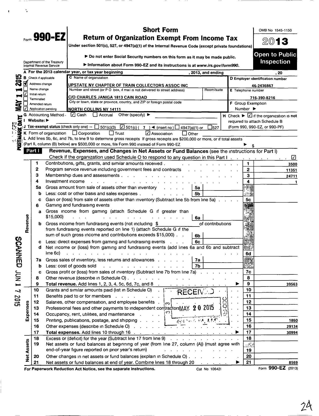 Image of first page of 2013 Form 990EO for Upstate Ny Chapter of Train Collectors Association