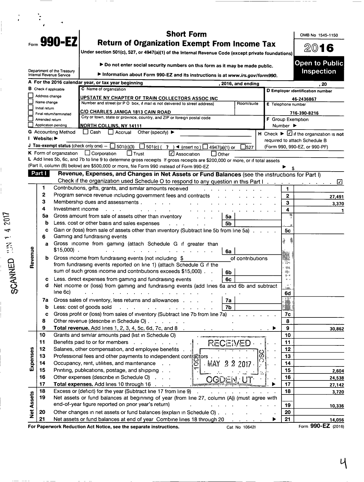 Image of first page of 2016 Form 990EO for Upstate Ny Chapter of Train Collectors Association