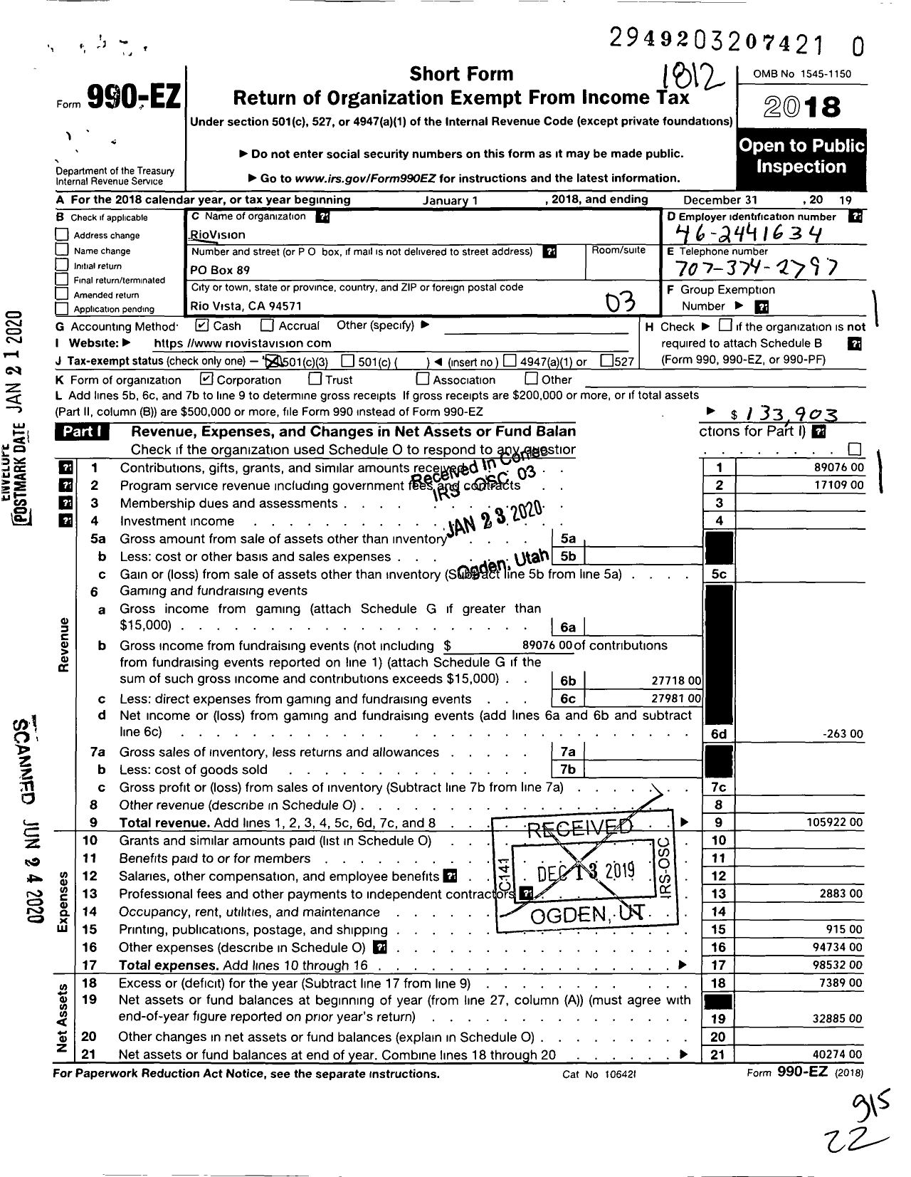 Image of first page of 2018 Form 990EZ for RioVision