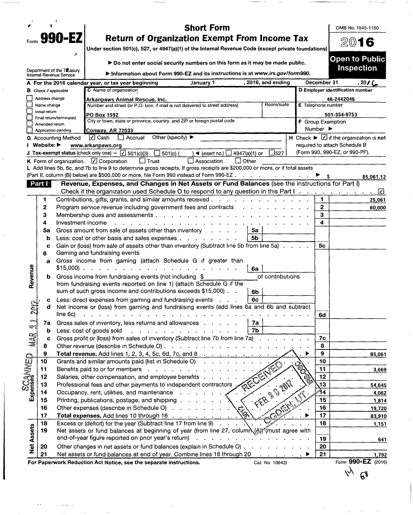 Image of first page of 2016 Form 990EZ for Arkanpaws Animal Rescue