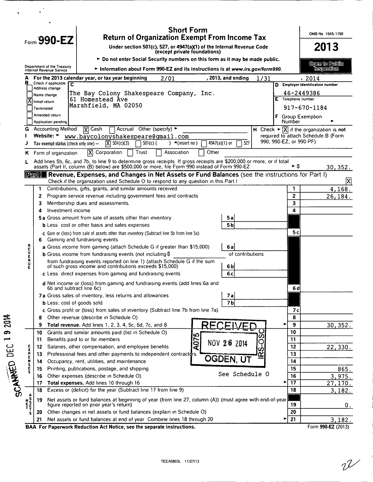 Image of first page of 2013 Form 990EZ for Bay Colony Shakespeare Company