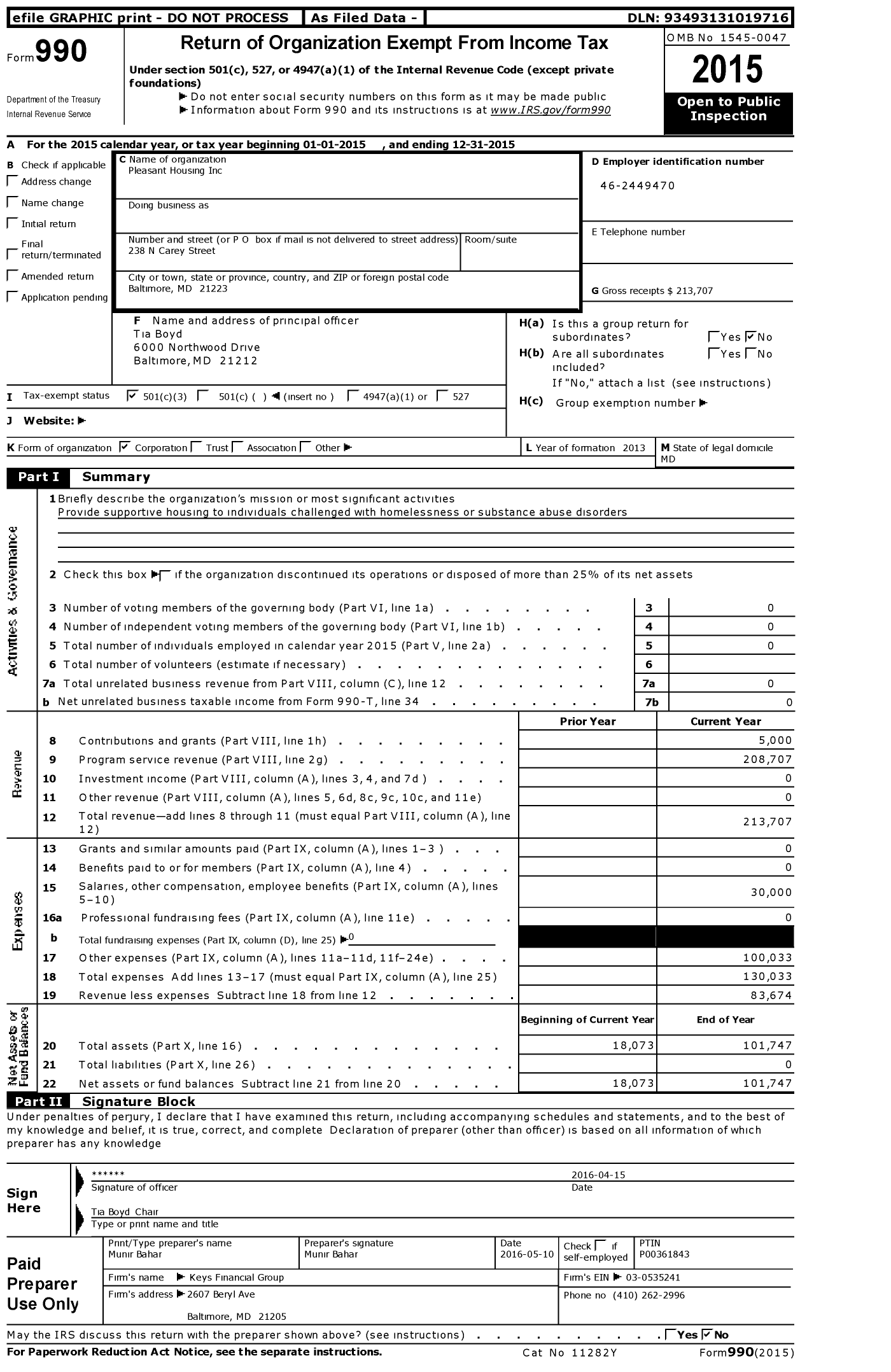 Image of first page of 2015 Form 990 for Pleasant Housing