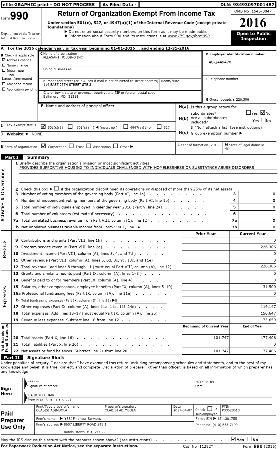 Image of first page of 2016 Form 990 for Pleasant Housing