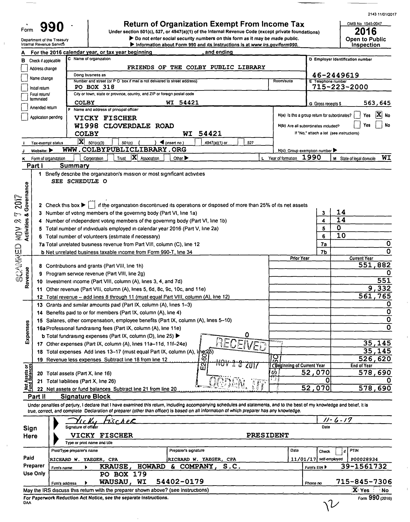 Image of first page of 2016 Form 990 for Friends of the Colby Public Library