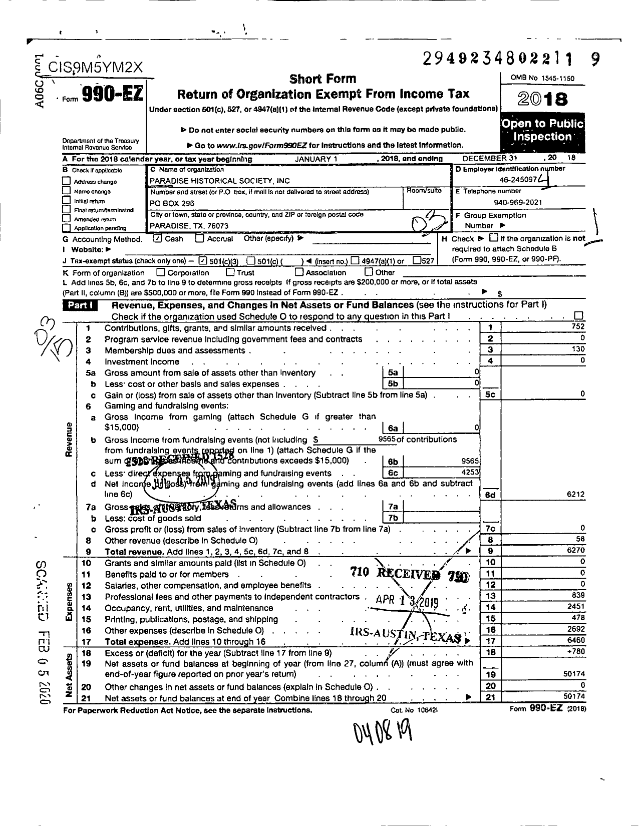 Image of first page of 2018 Form 990EZ for Paradise Historical Society