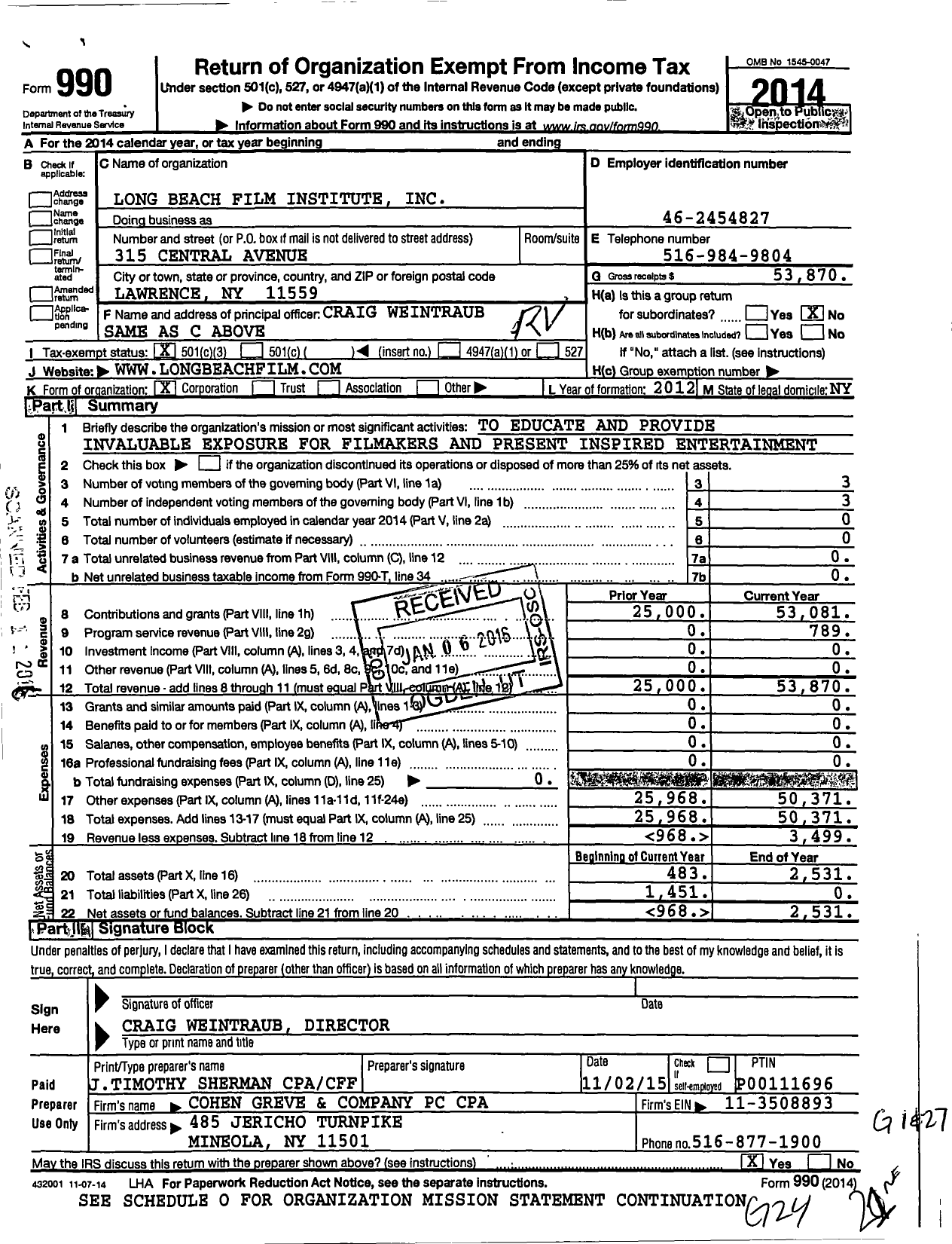 Image of first page of 2014 Form 990 for Long Beach Film Institute