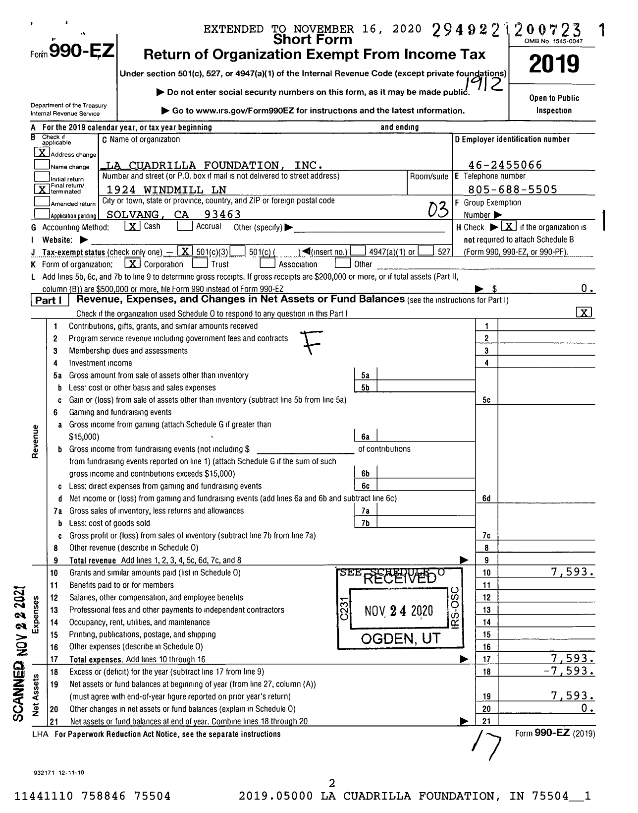 Image of first page of 2019 Form 990EZ for La Cuadrilla Foundation