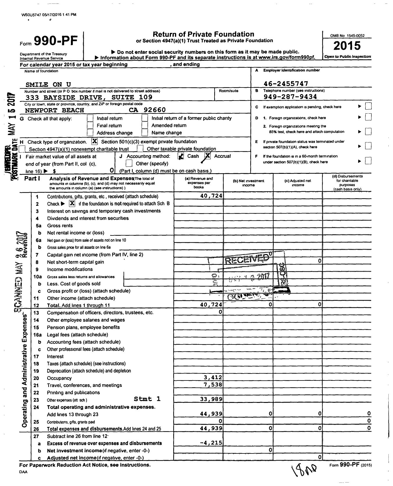 Image of first page of 2015 Form 990PF for SmileOnU