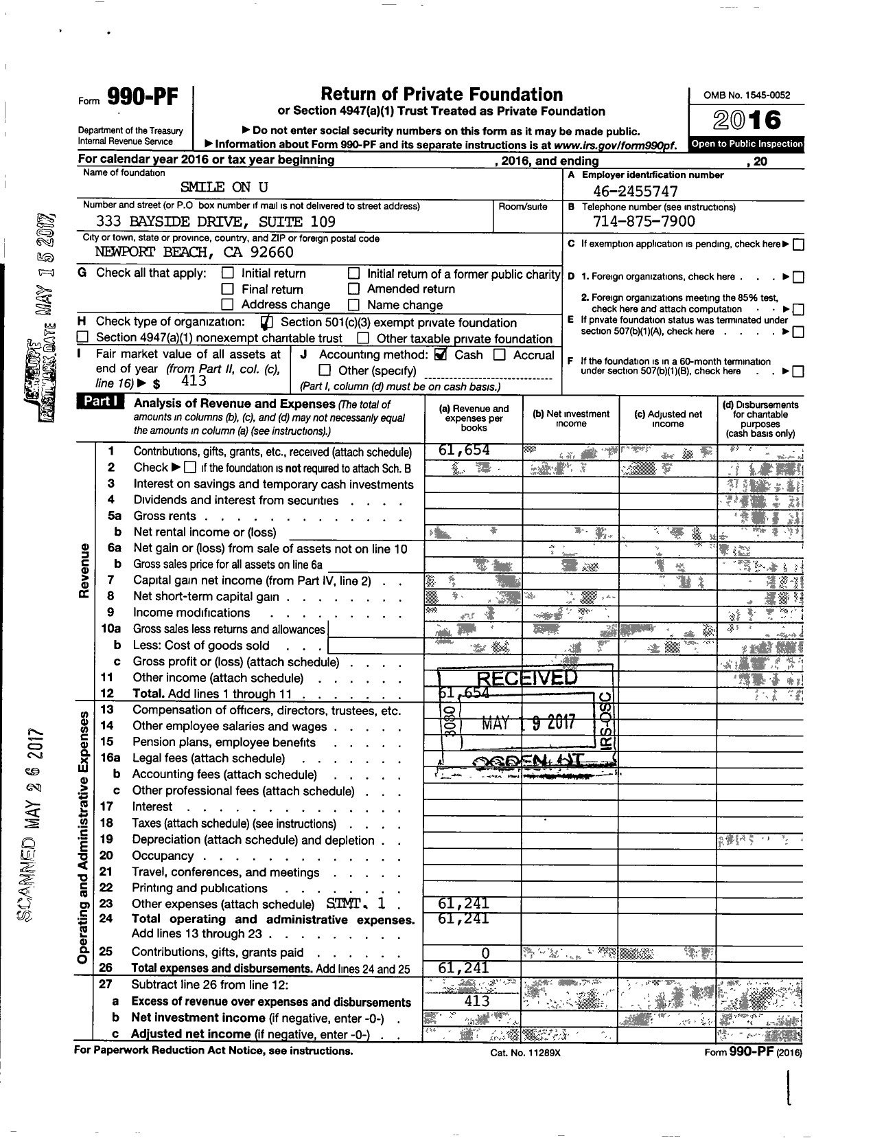 Image of first page of 2016 Form 990PF for SmileOnU