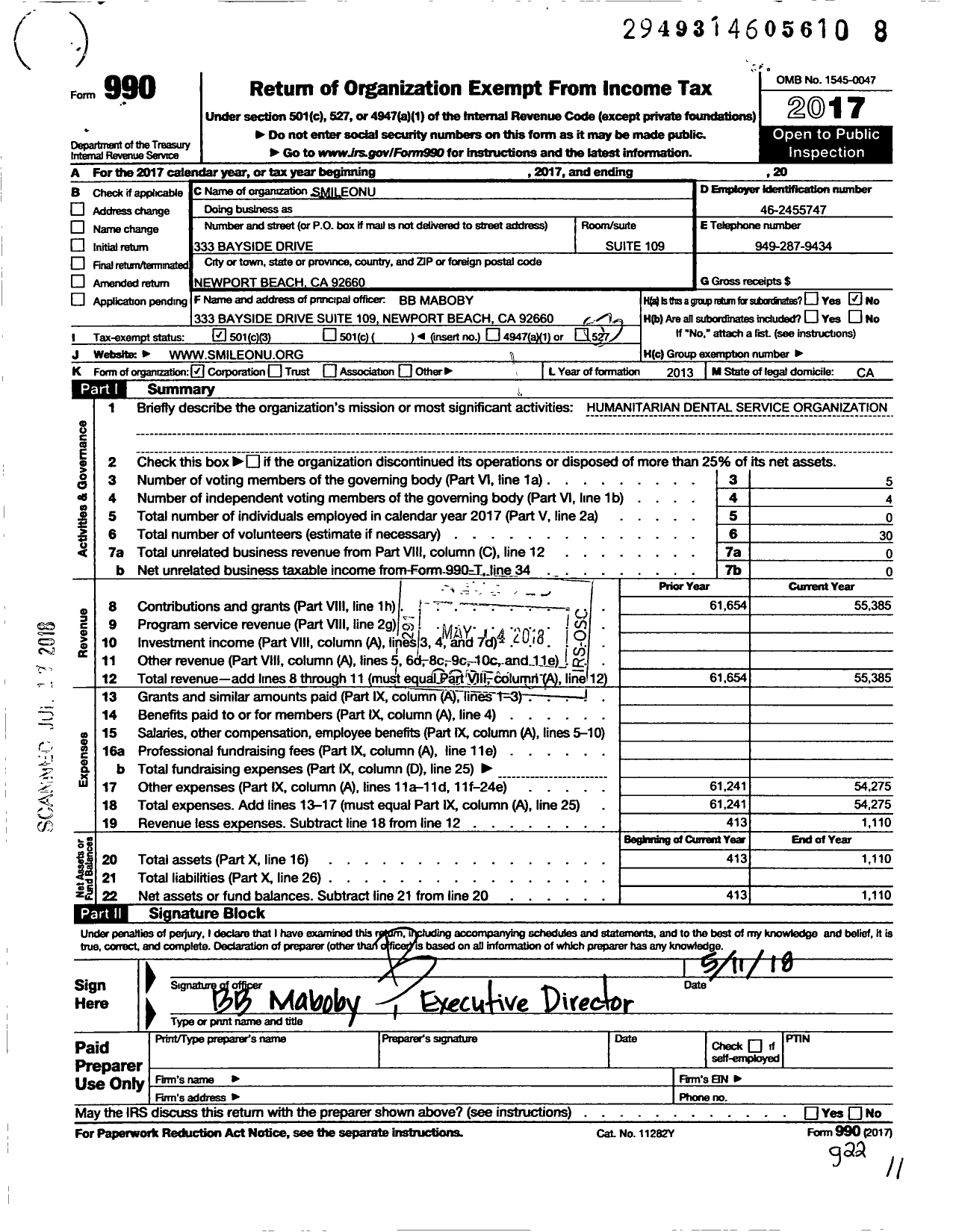 Image of first page of 2017 Form 990 for SmileOnU