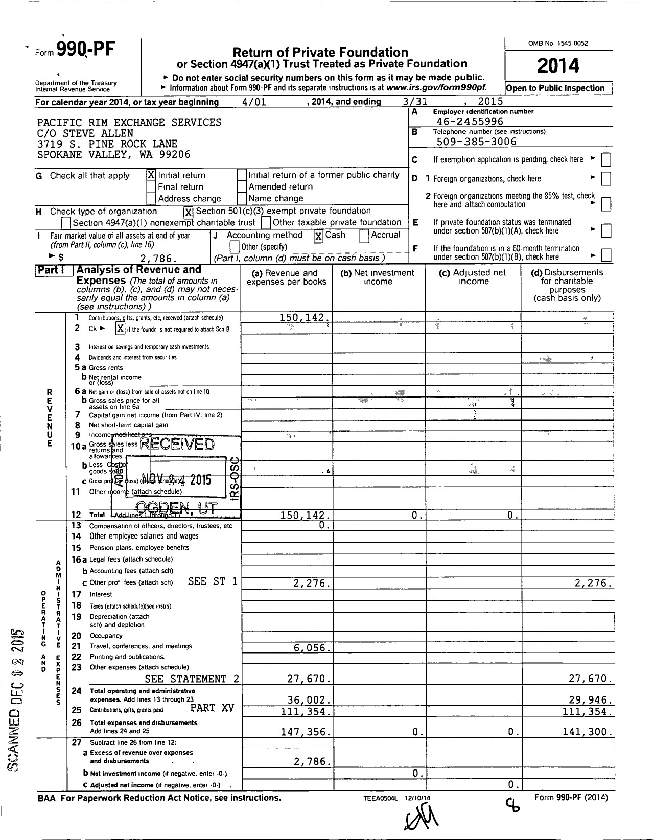Image of first page of 2014 Form 990PF for Pacific Rim Exchange Services
