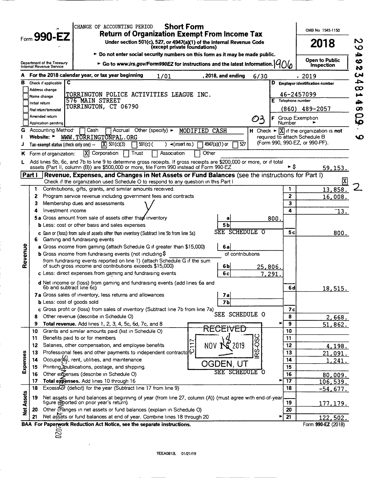 Image of first page of 2018 Form 990EZ for Torrington Police Activities League