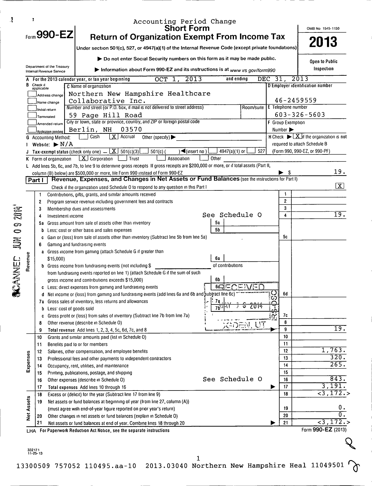 Image of first page of 2013 Form 990EZ for Northern New Hampshire Healthcare Collaborative