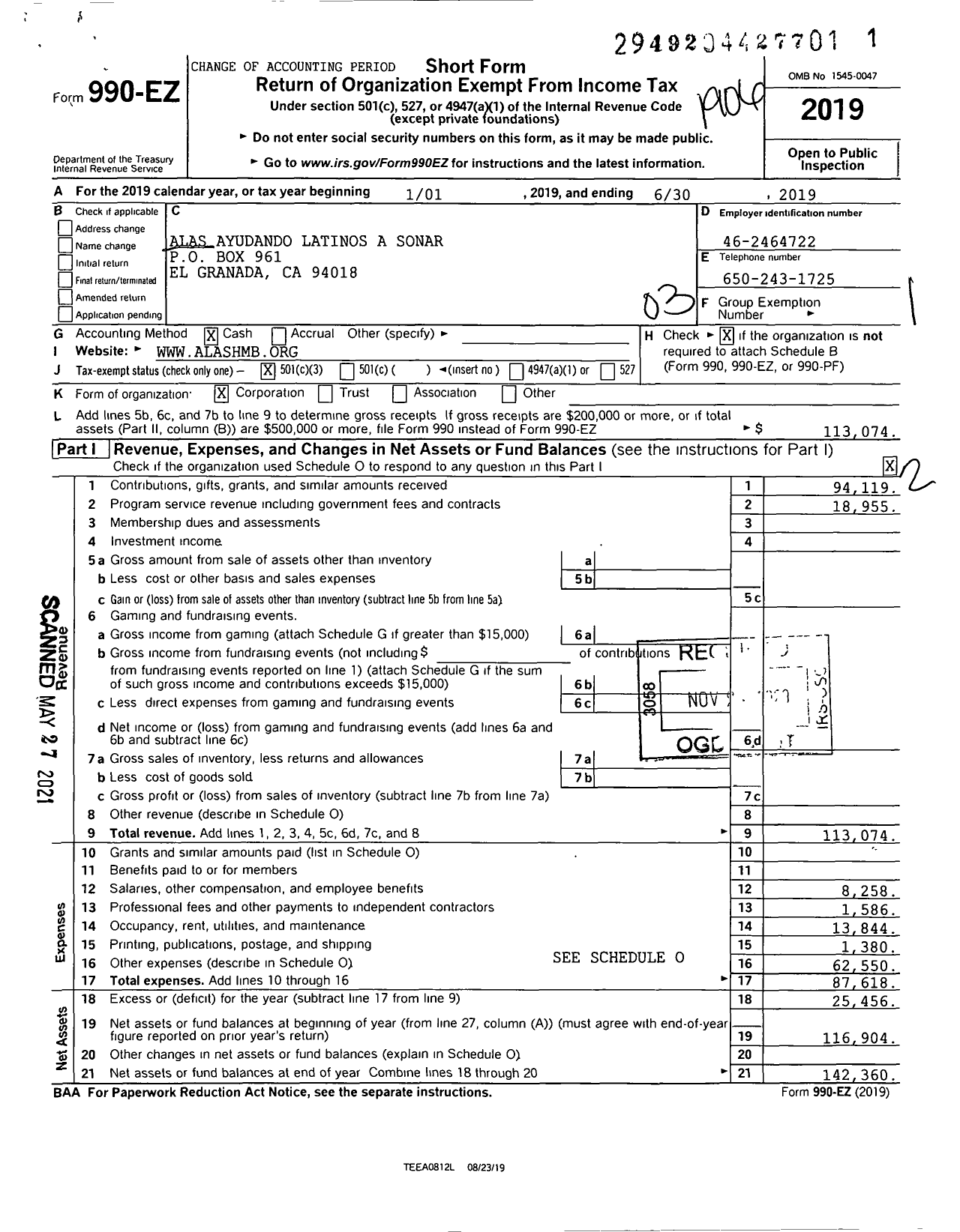 Image of first page of 2018 Form 990EZ for Alas Ayudando Latinos A Sonar