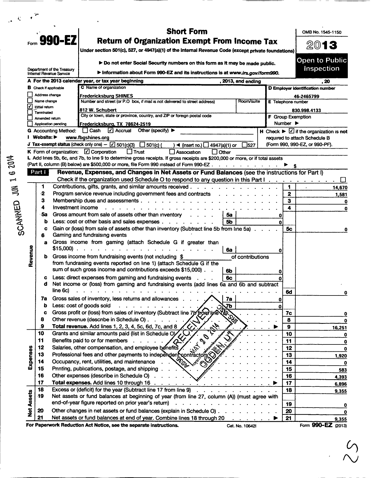 Image of first page of 2013 Form 990EZ for Fredericksburg Shines