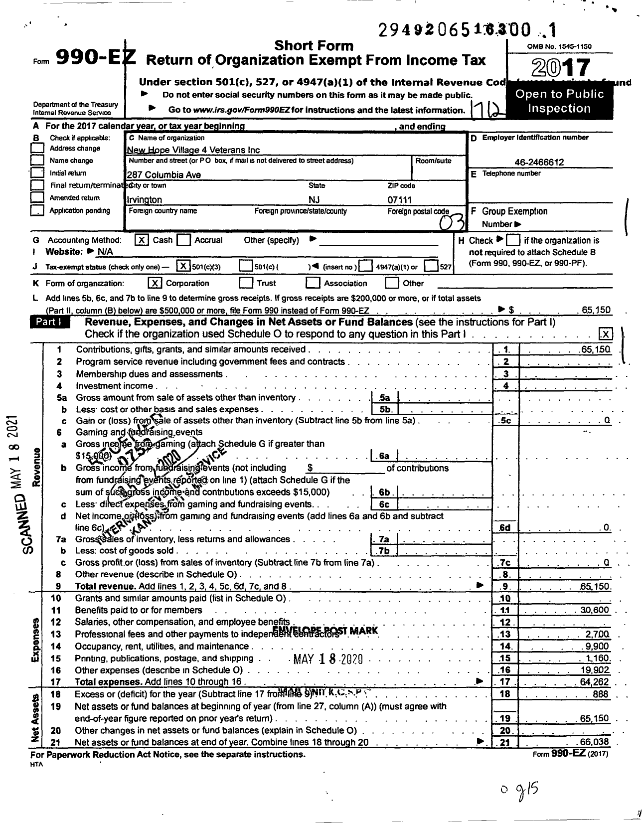 Image of first page of 2017 Form 990EZ for New Hope Village 4 Veterans