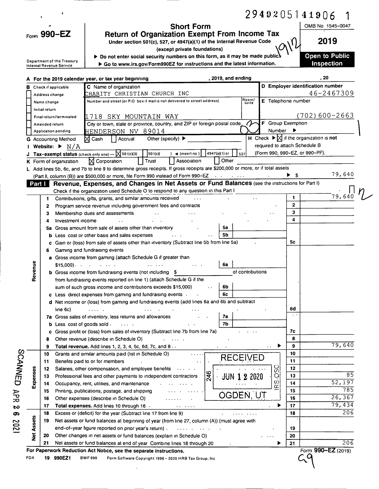 Image of first page of 2019 Form 990EZ for Charity Christian Church