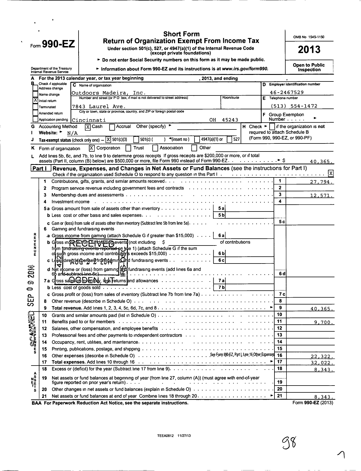 Image of first page of 2013 Form 990EZ for Outdoors Madeira