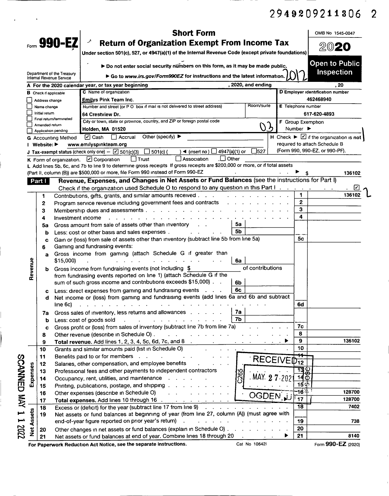 Image of first page of 2020 Form 990EZ for Emilys Pink Team