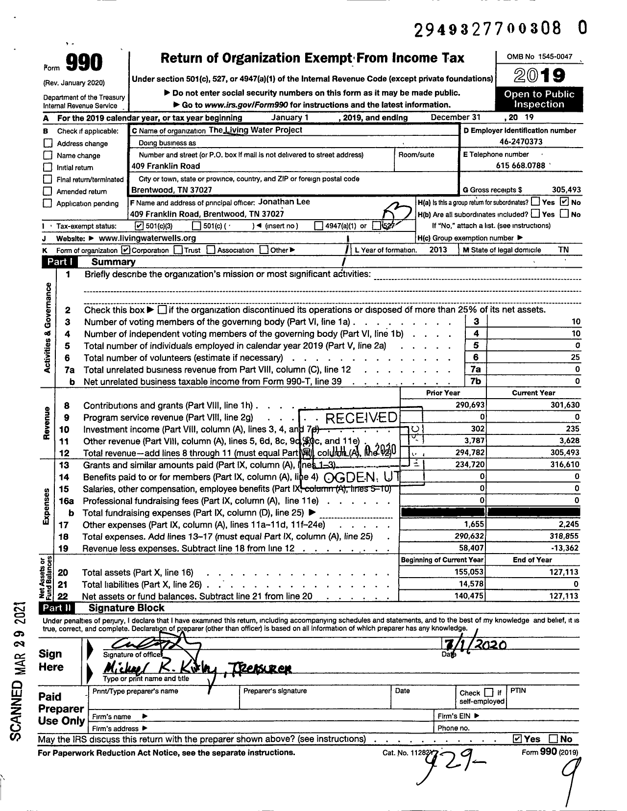 Image of first page of 2019 Form 990 for Living Water Project