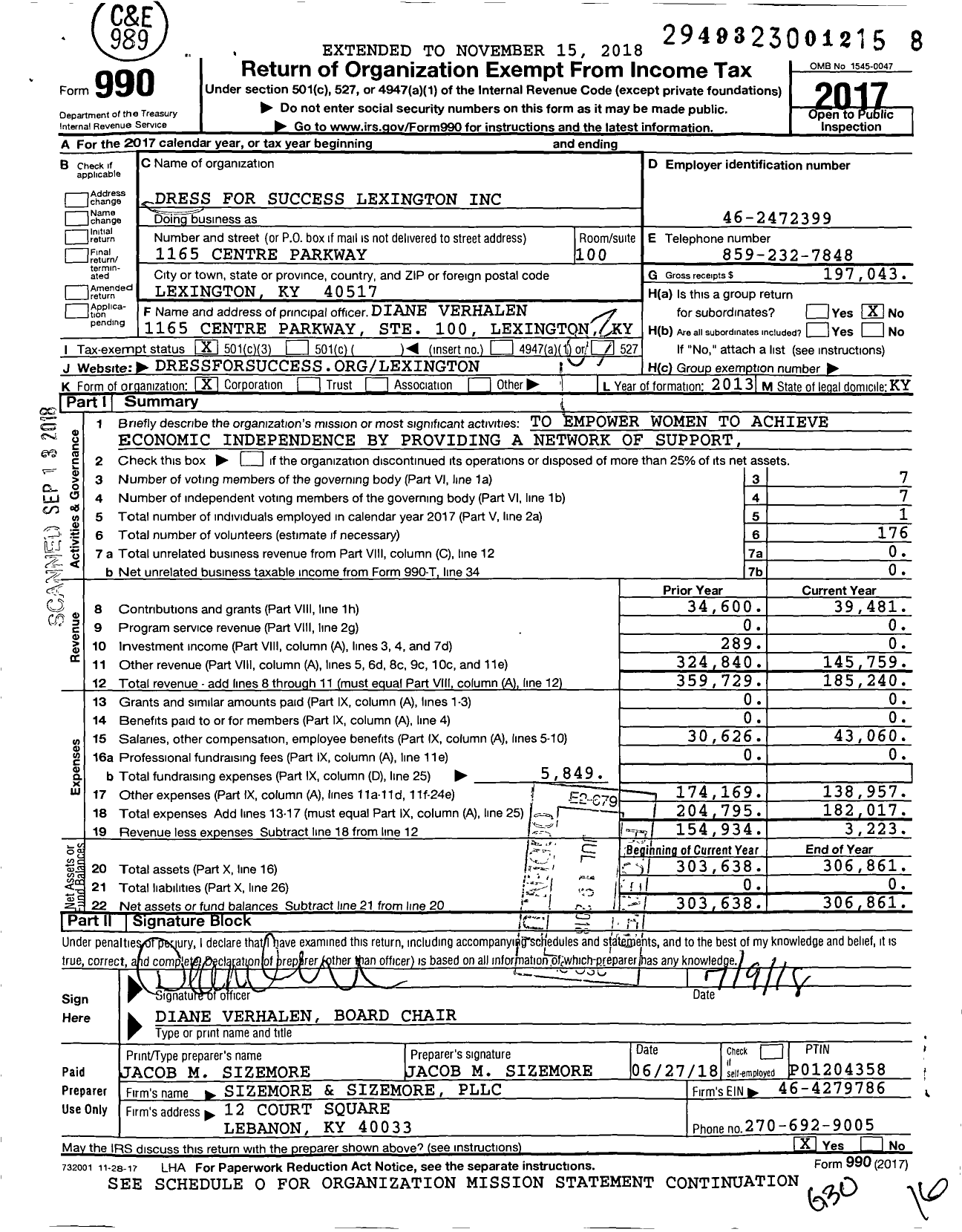 Image of first page of 2017 Form 990 for Dress for Success Lexington