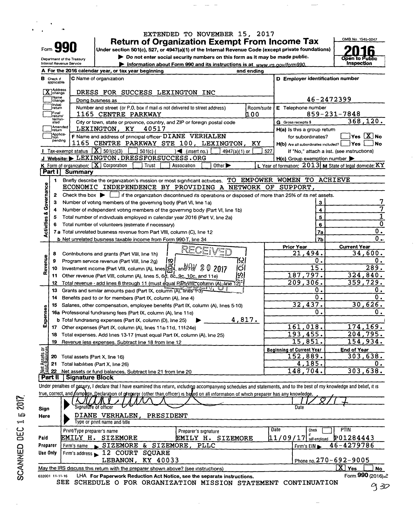 Image of first page of 2016 Form 990 for Dress for Success Lexington