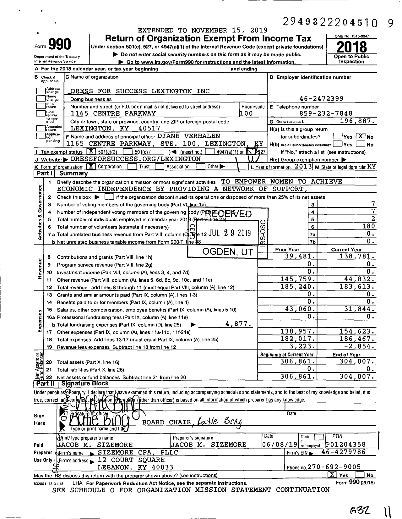 Image of first page of 2018 Form 990 for Dress for Success Lexington