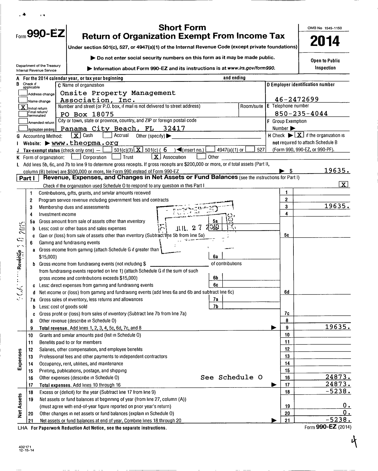 Image of first page of 2014 Form 990EO for Onsite Property Management Association