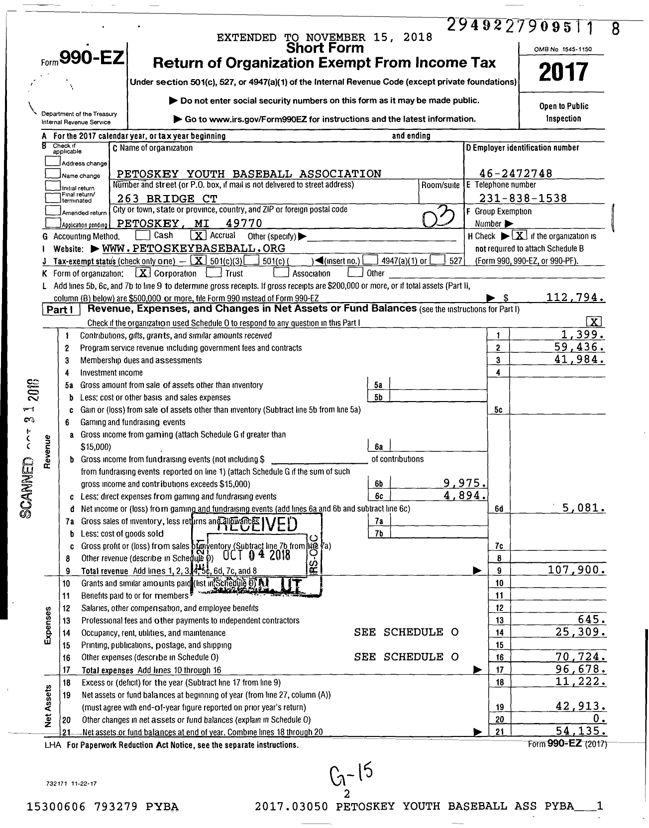 Image of first page of 2017 Form 990EZ for Petoskey Youth Baseball Association