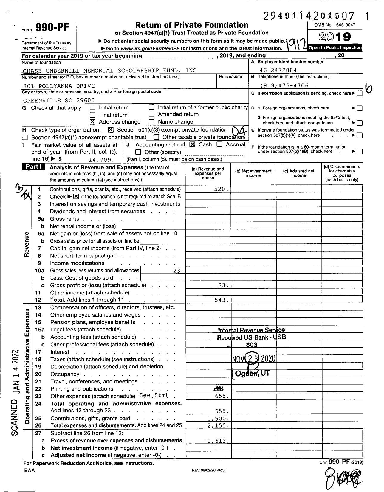 Image of first page of 2019 Form 990PF for Chase Underhill Memorial Scholarship Fund