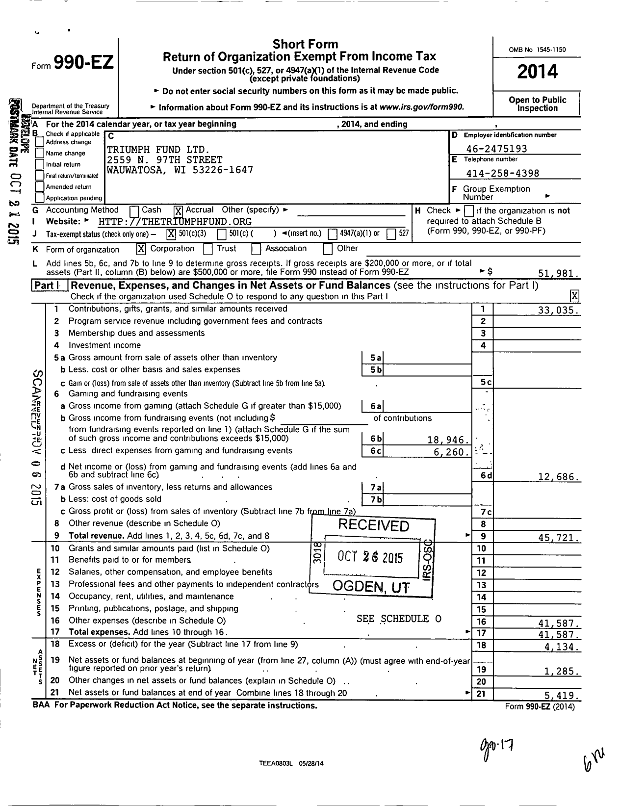 Image of first page of 2014 Form 990EZ for Triumph Fund