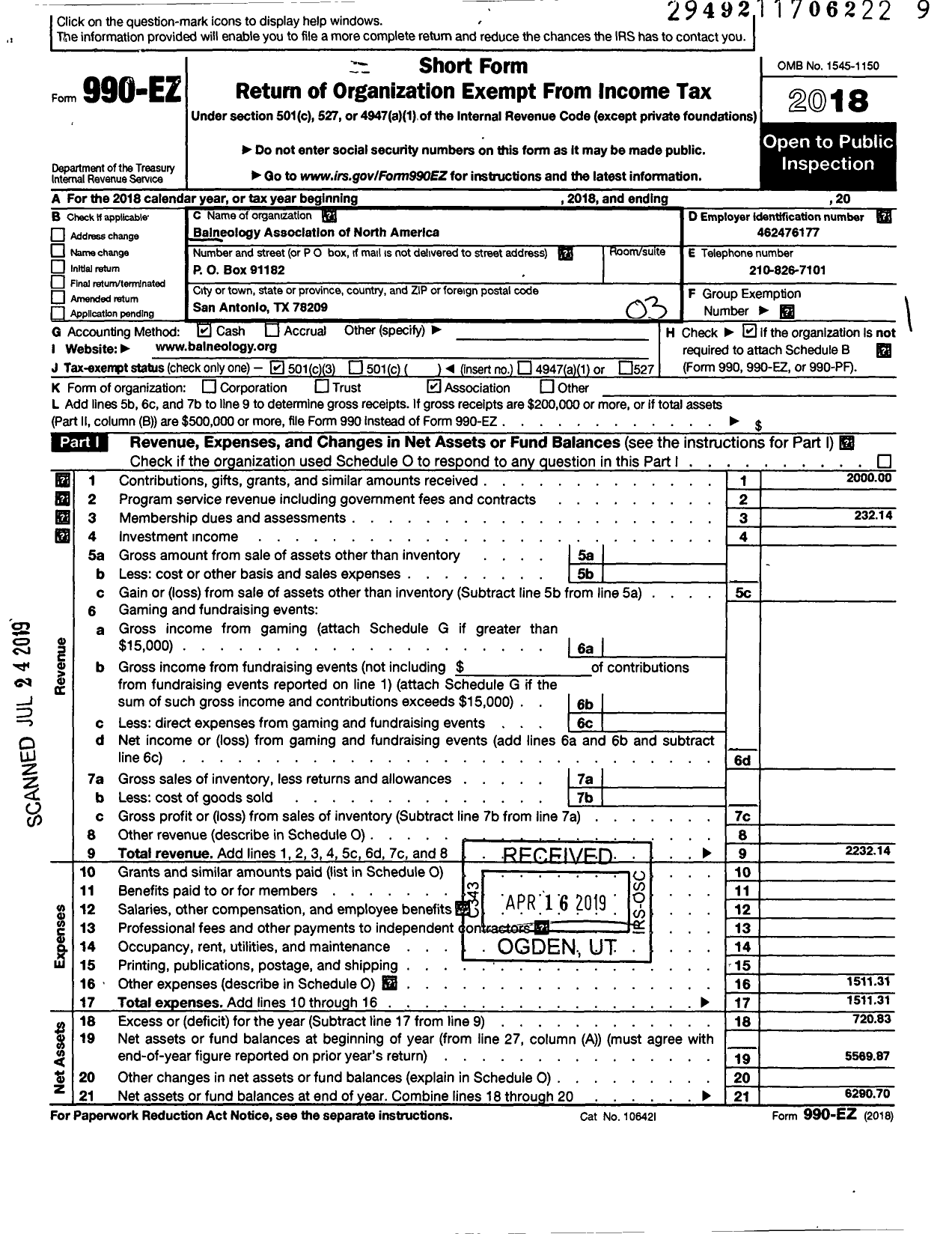 Image of first page of 2018 Form 990EZ for Balneology Association of North America