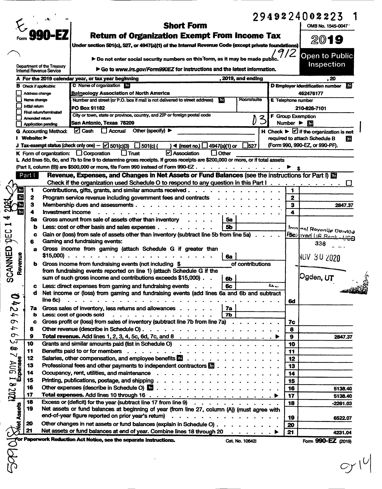 Image of first page of 2019 Form 990EZ for Balneology Association of North America