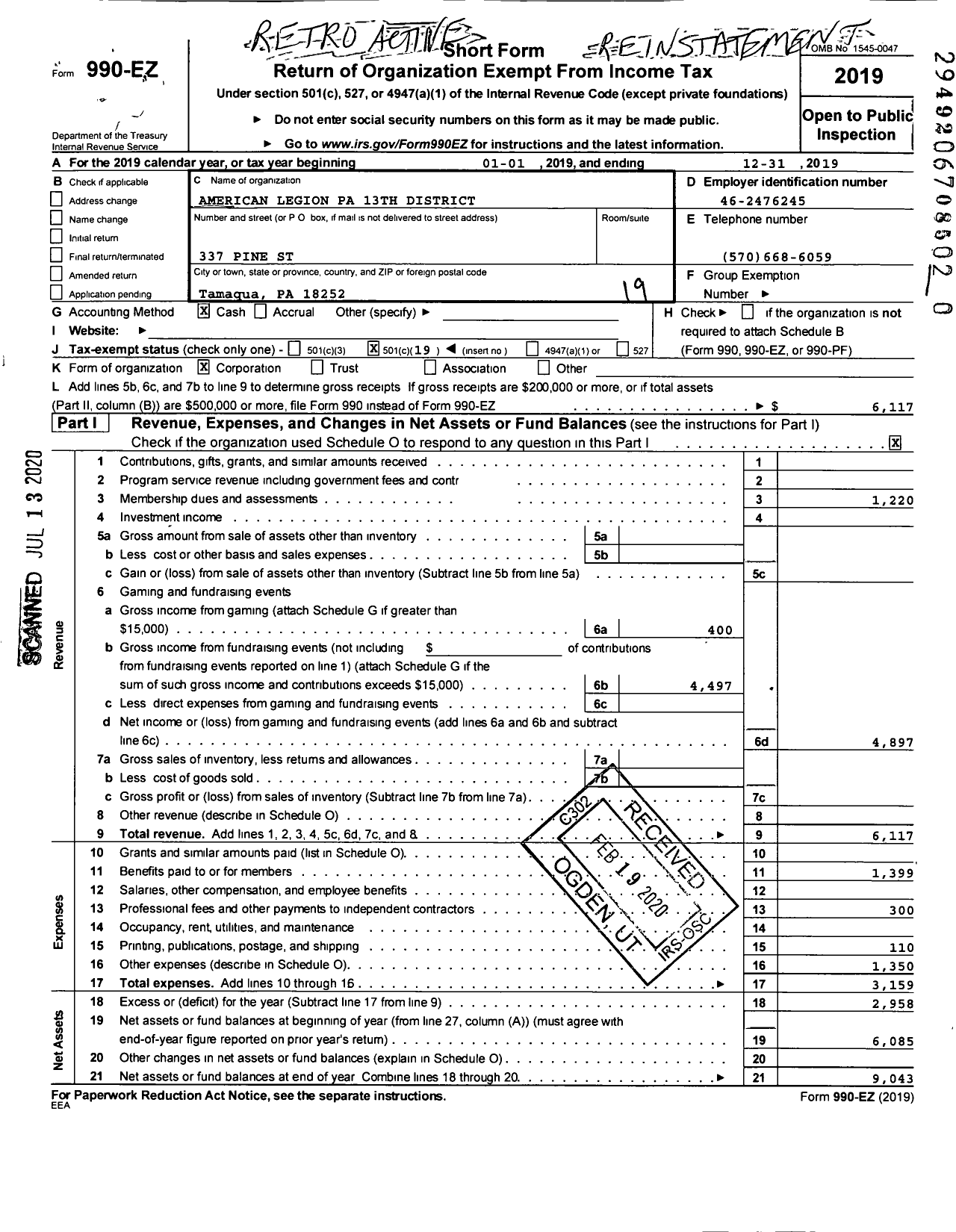 Image of first page of 2019 Form 990EO for American Legion Pa 13th District