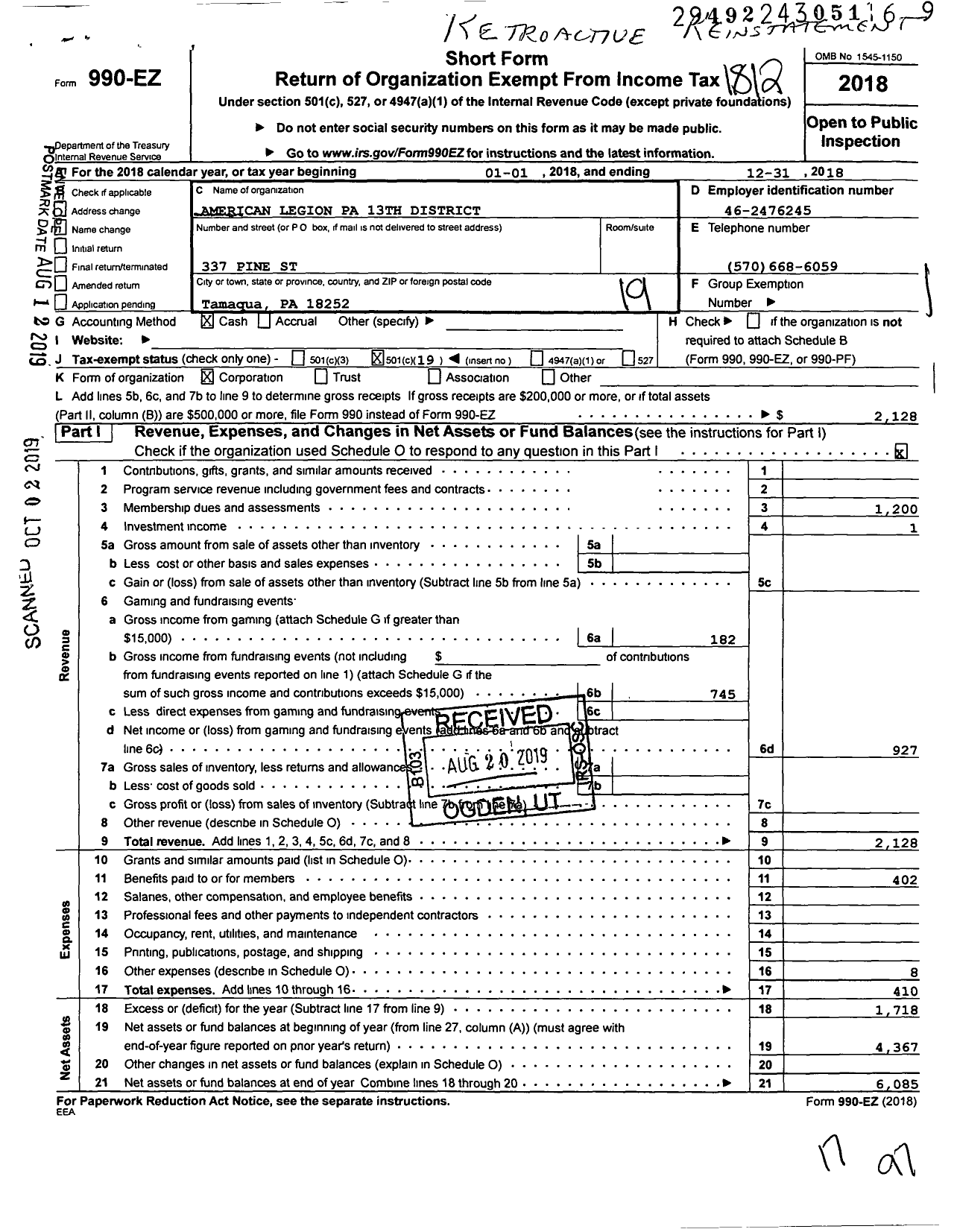 Image of first page of 2018 Form 990EO for American Legion Pa 13th District