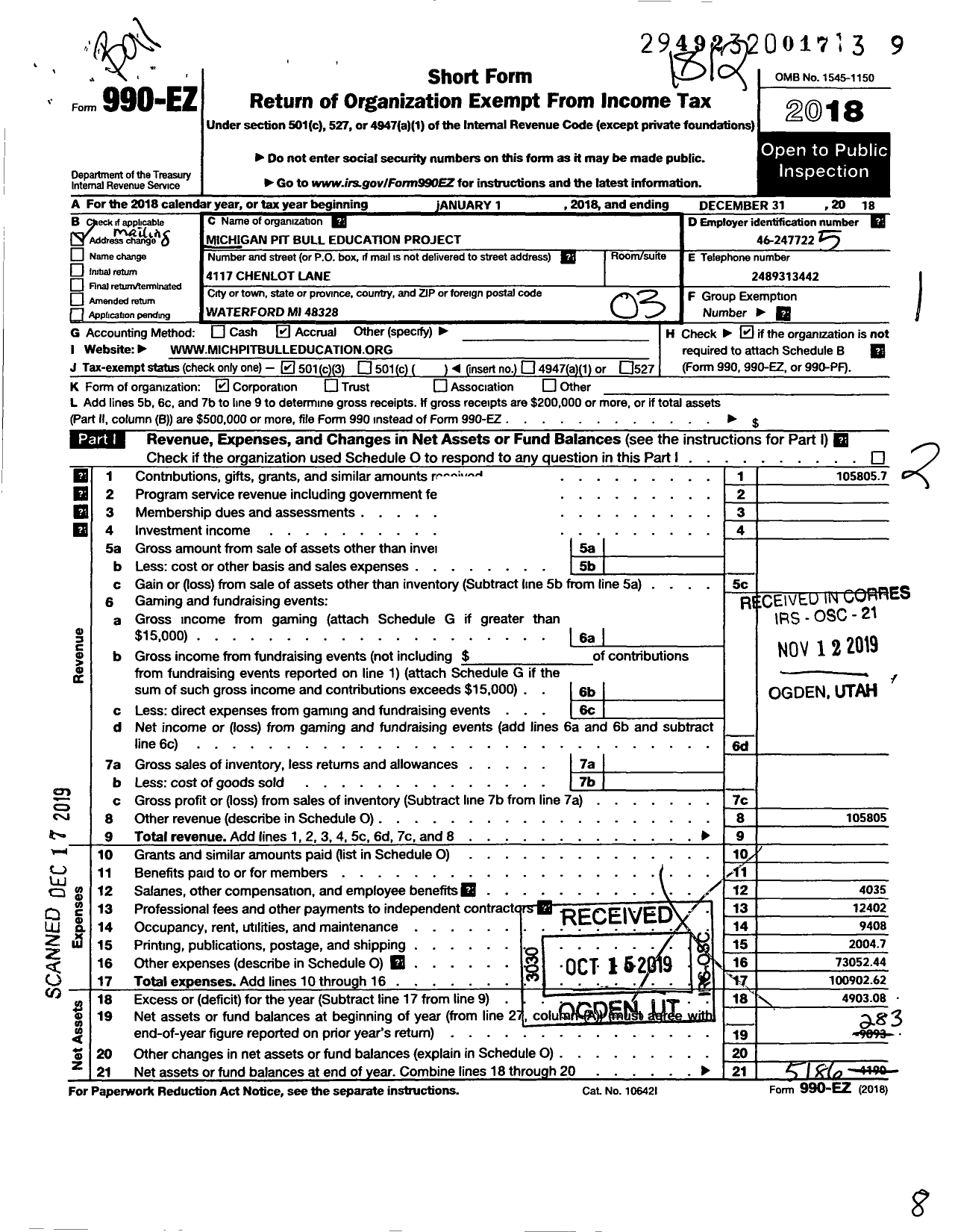 Image of first page of 2018 Form 990EZ for Michigan Pit Bull Education Project