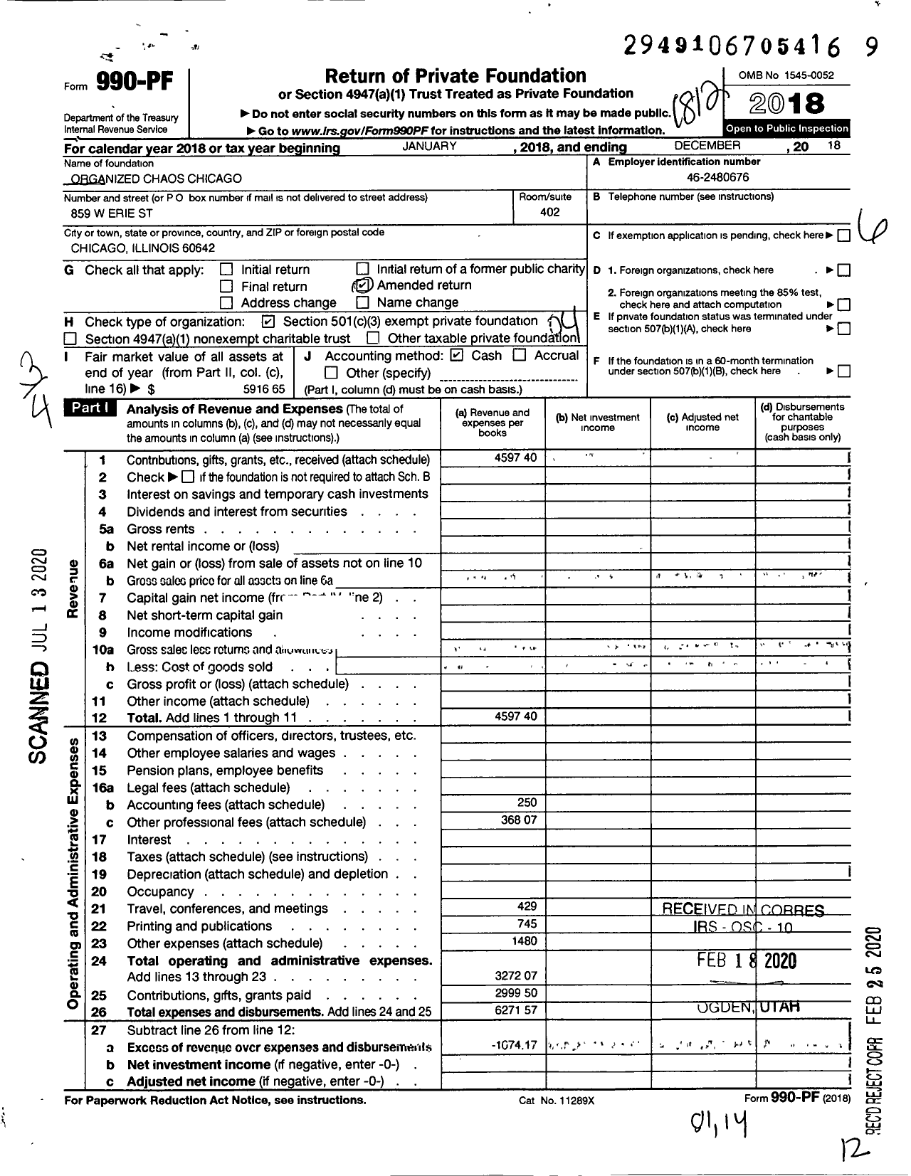 Image of first page of 2018 Form 990PR for Organized Chaos Chicago