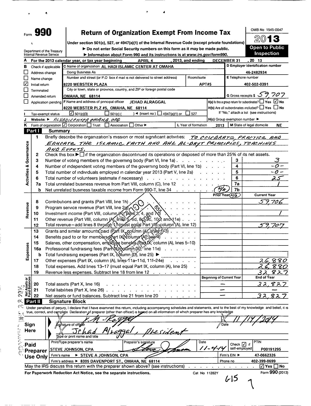 Image of first page of 2013 Form 990 for Al Hadi Islamic Center at Omaha