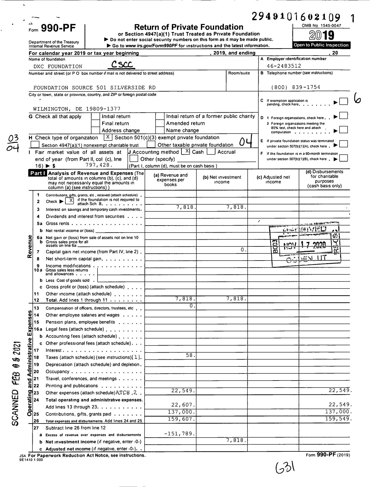 Image of first page of 2019 Form 990PF for DXC Foundation