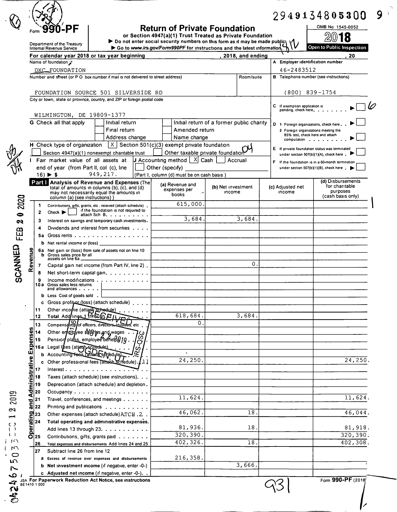 Image of first page of 2018 Form 990PF for DXC Foundation