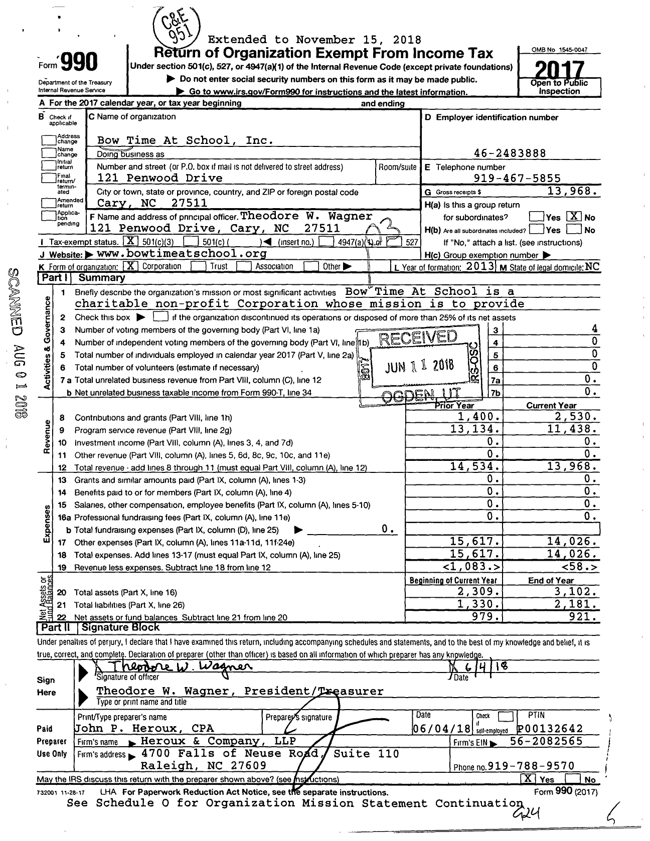 Image of first page of 2017 Form 990 for Bow Time At School