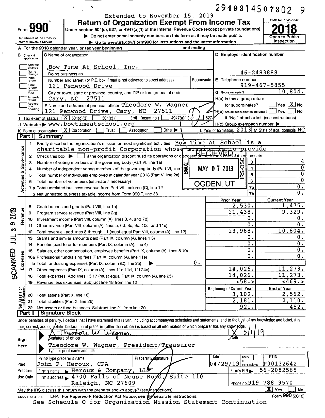 Image of first page of 2018 Form 990 for Bow Time At School