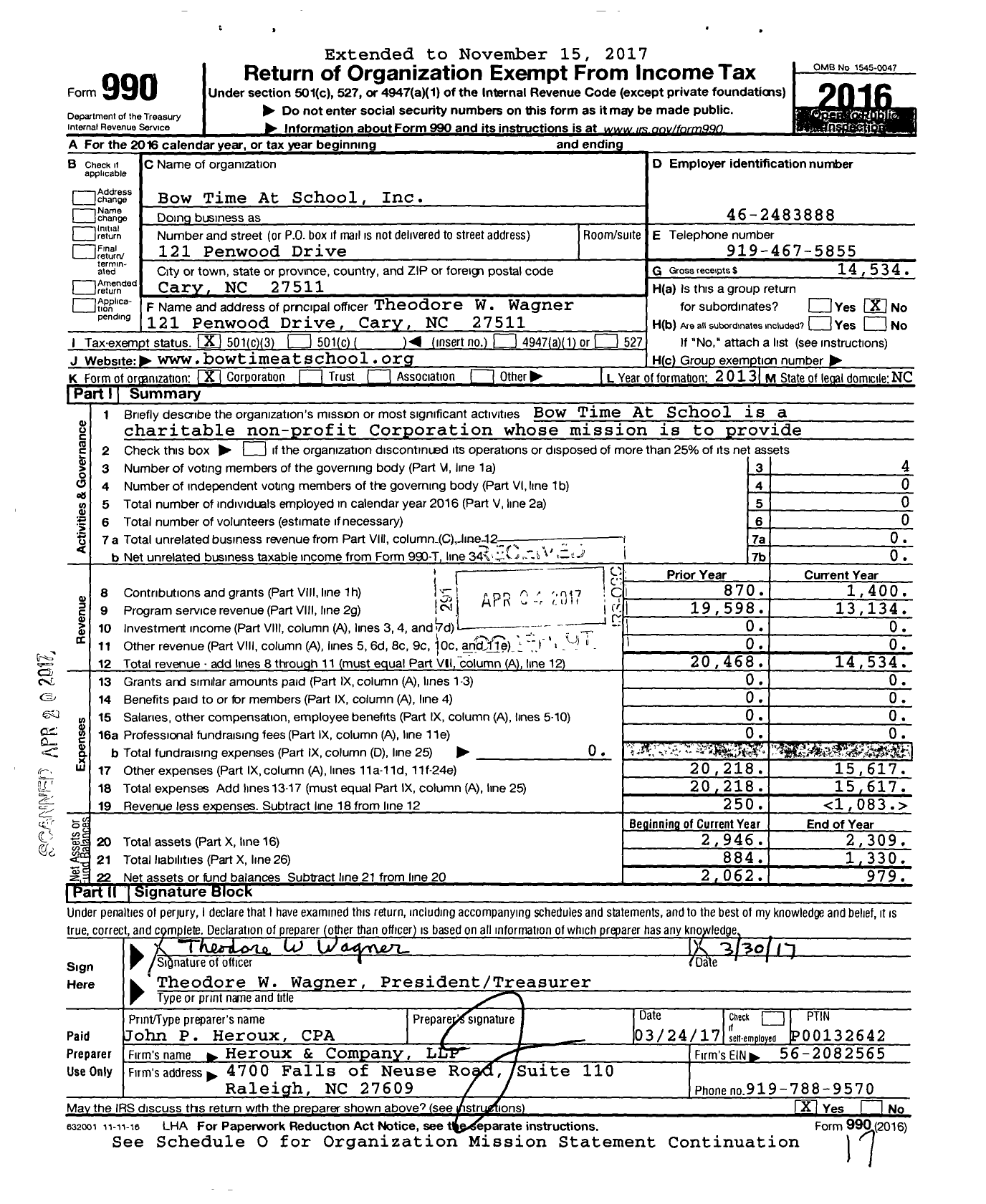 Image of first page of 2016 Form 990 for Bow Time At School